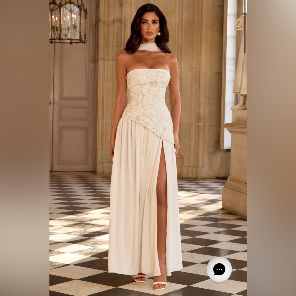 Strapless Ivory Embroidered Bodice Evening Gown with Front Slit